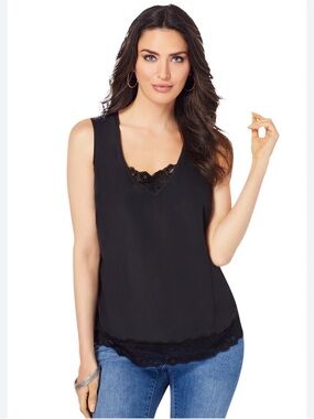 Roaman's Black Lace-Trim V-Neck Sleeveless Camisole